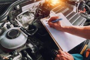 Mechanic holding clipboard whilst carrying out MOT